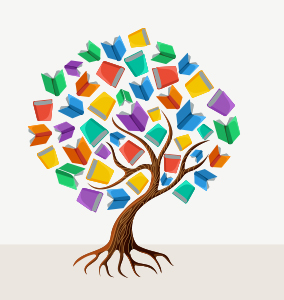 Illustration of a tree with colorful books